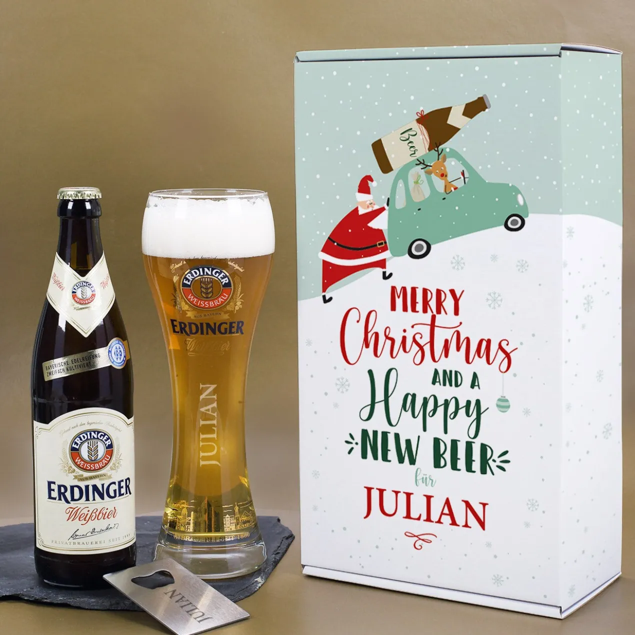 Erdinger Bier-Geschenkset zu Weihnachten, mit graviertem Glas, Weißbier und Flaschenöffner