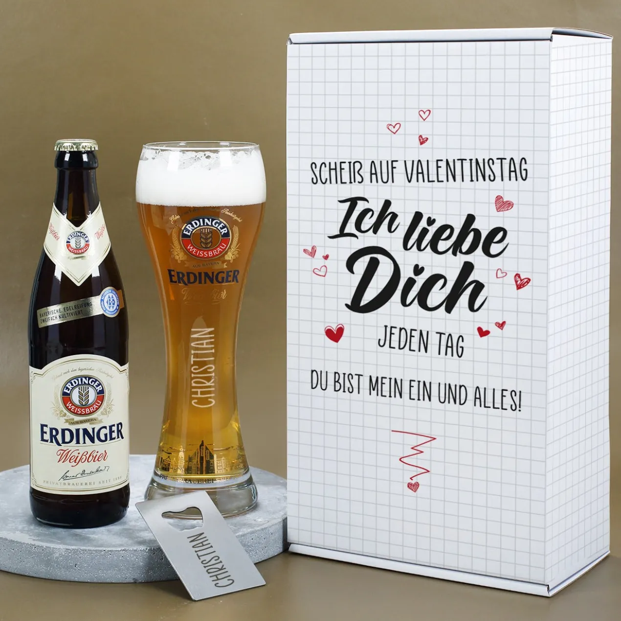 Erdinger Bier Geschenkset zum Valentinstag - Scheiß auf Valentinstag Ich liebe Dich jeden Tag