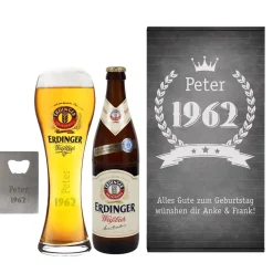 Erdinger Bier-Geschenkset zum Geburtstag mit graviertem Glas, Weißbier und Öffner | Getränk wählbar