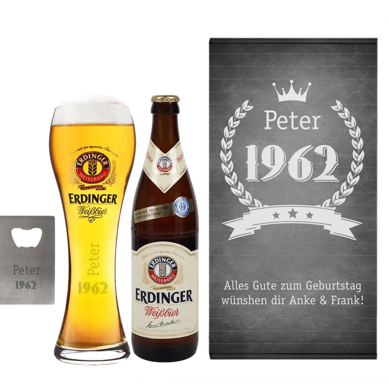 Erdinger Bier-Geschenkset zum Geburtstag mit graviertem Glas, Weißbier und Öffner | Getränk wählbar