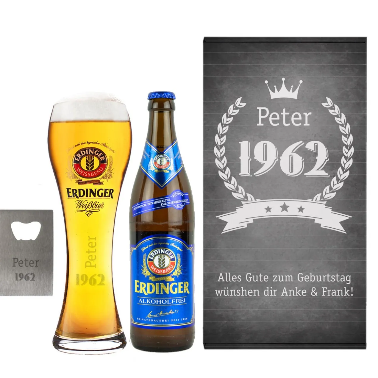 Erdinger Bier-Geschenkset zum Geburtstag mit graviertem Glas, Weißbier und Öffner | Getränk wählbar
