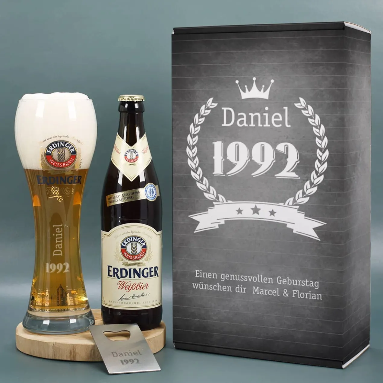 Erdinger Bier-Geschenkset zum Geburtstag mit graviertem Glas, Weißbier und Öffner | Getränk wählbar
