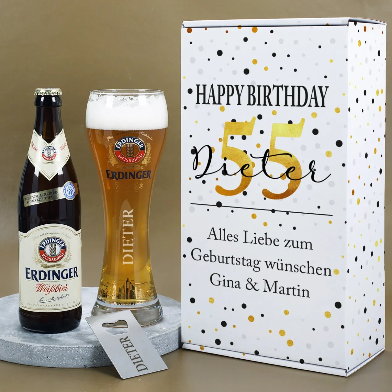 Erdinger Bier-Set zum Geburtstag mit Glas, Bier, Flaschenöffner und Box | Sorte wählbar