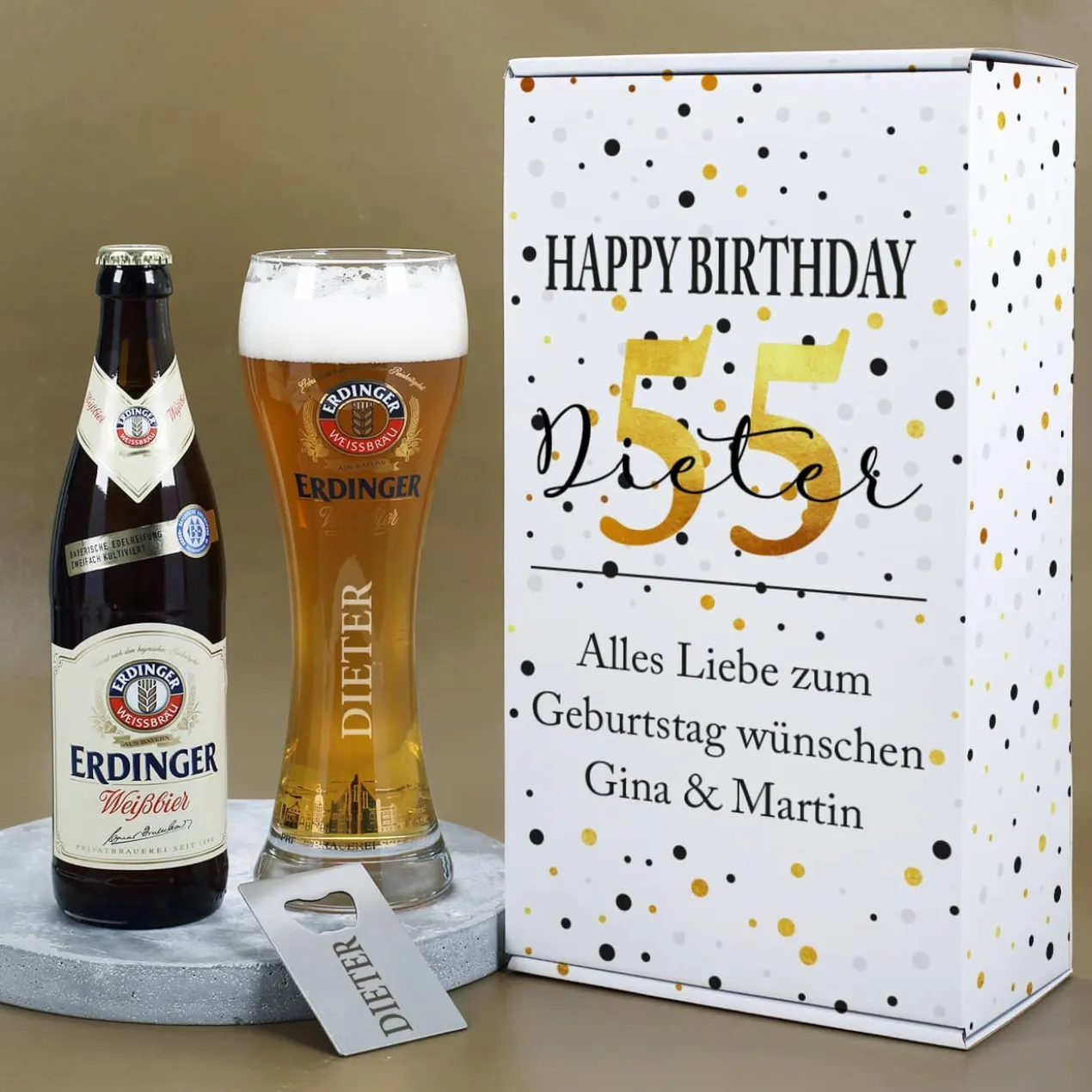Erdinger Bier-Set zum Geburtstag mit Glas, Bier, Flaschenöffner und Box | Sorte wählbar