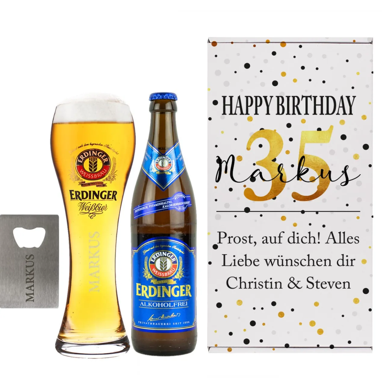 Erdinger Bier-Set zum Geburtstag mit Glas, Bier, Flaschenöffner und Box | Sorte wählbar