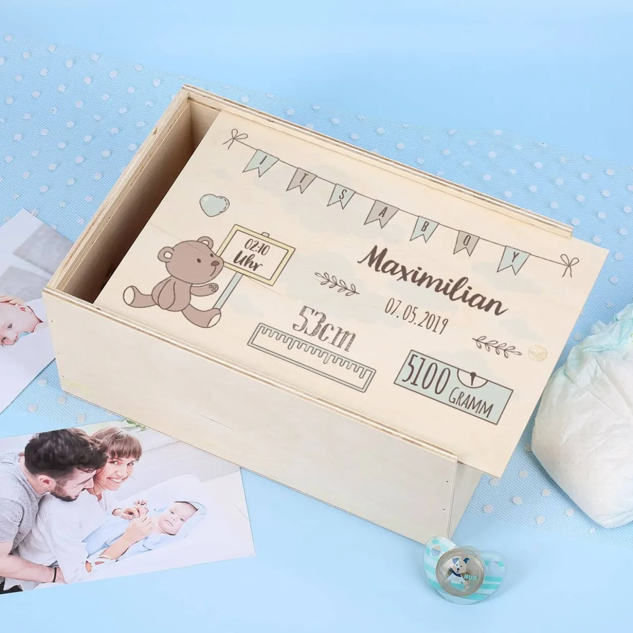 Erinnerungsbox aus Holz zur Geburt für Jungen