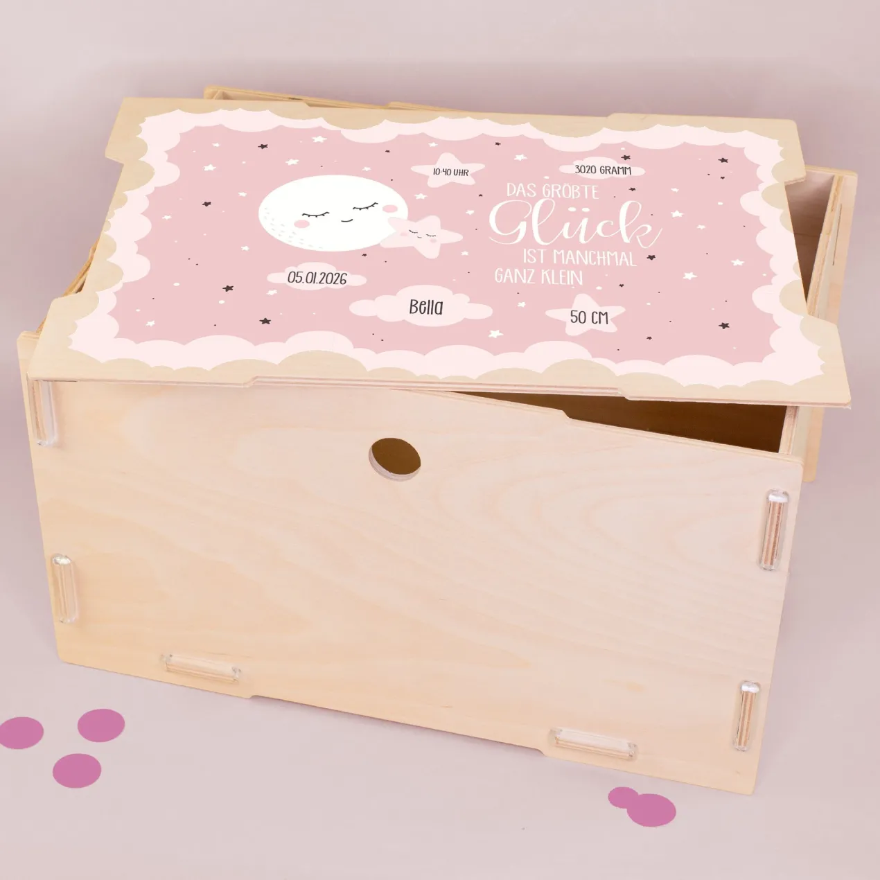 Erinnerungsbox für Mädchen personalisiert mit Geburtsdaten | clipfritz® Aufbewahrungskiste aus Holz