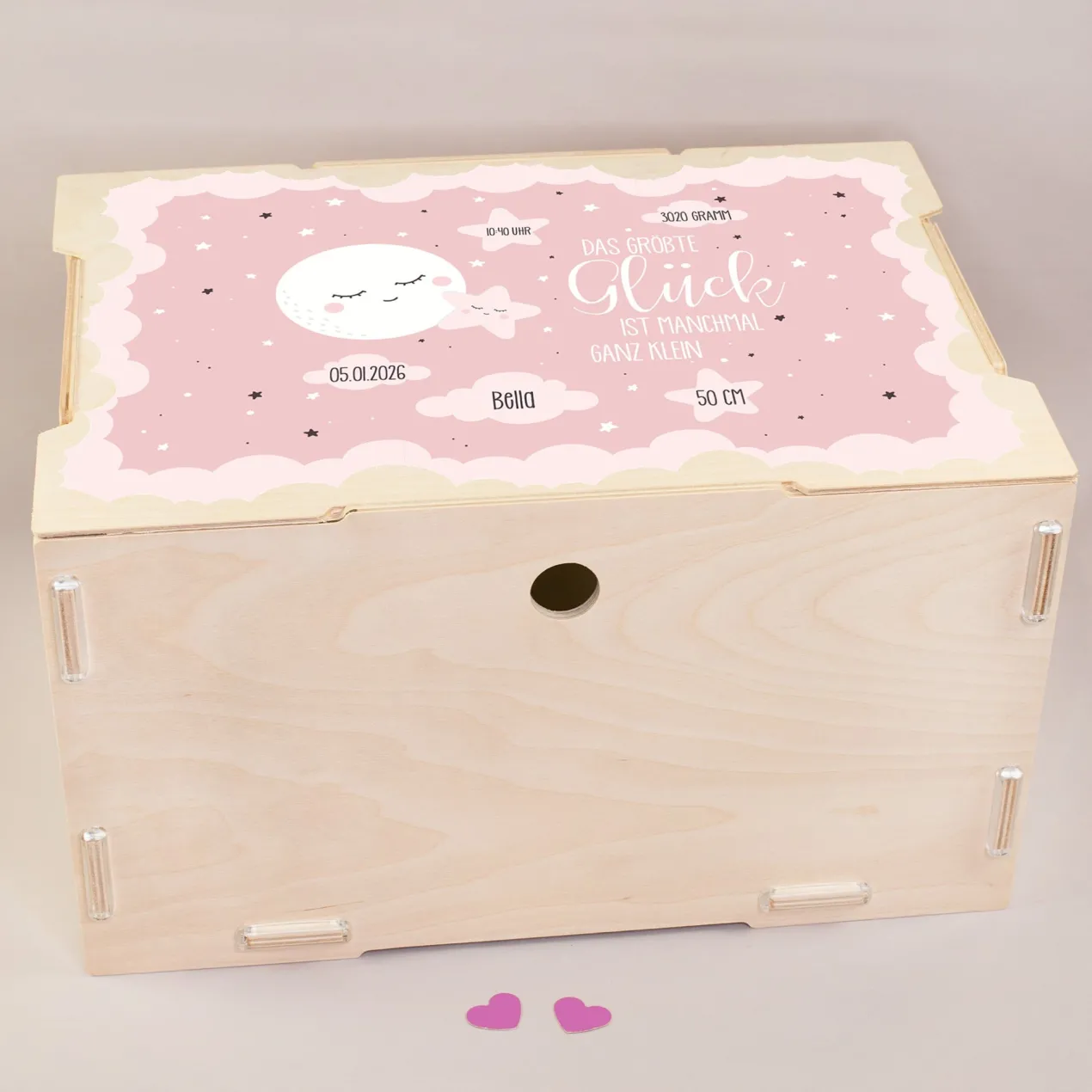 Erinnerungsbox für Mädchen personalisiert mit Geburtsdaten | clipfritz® Aufbewahrungskiste aus Holz