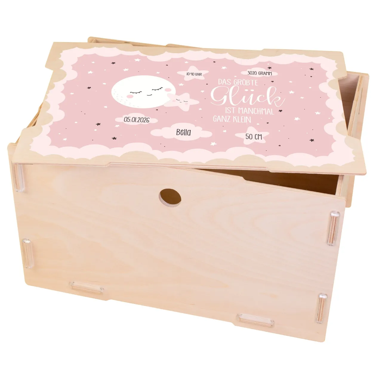 Erinnerungsbox für Mädchen personalisiert mit Geburtsdaten | clipfritz® Aufbewahrungskiste aus Holz