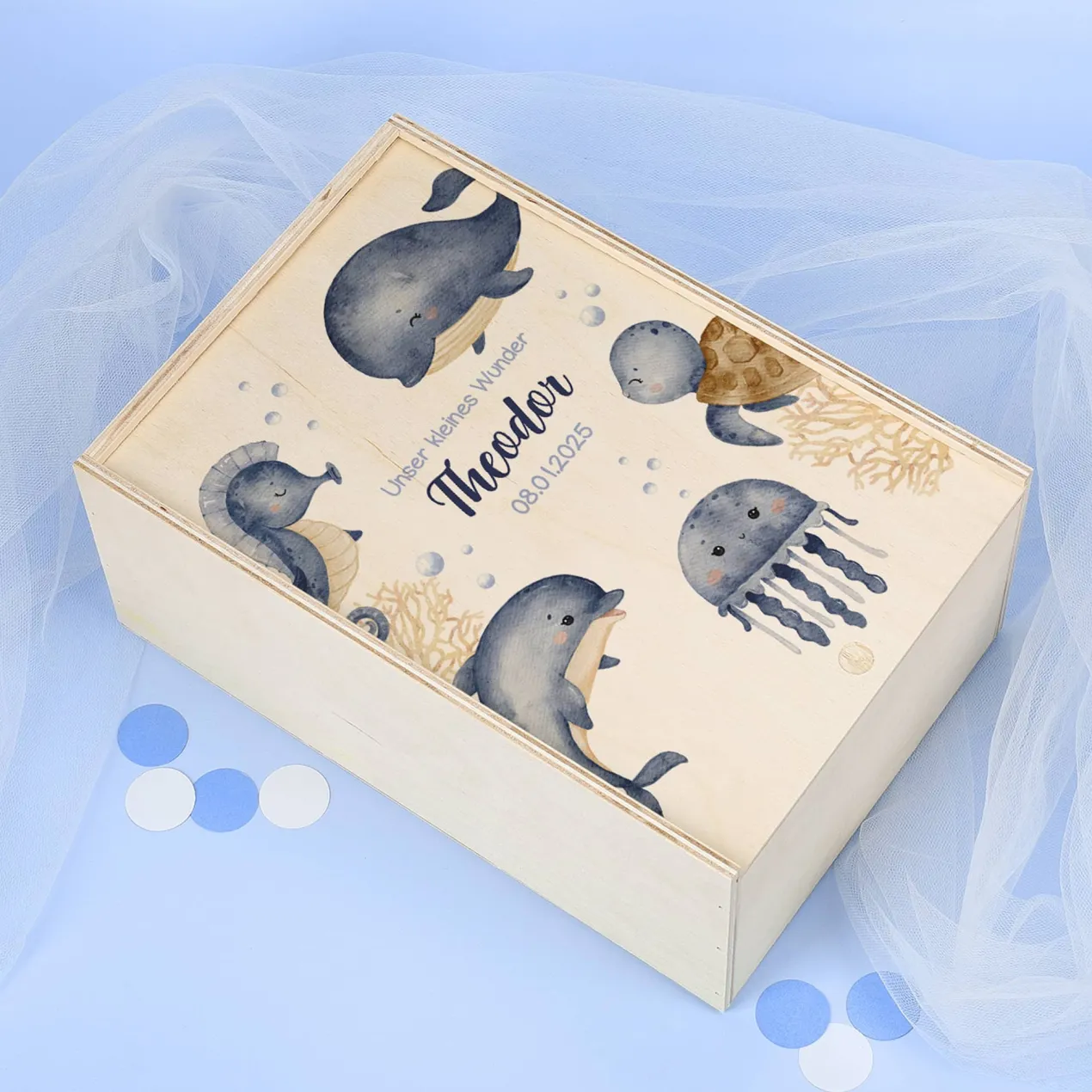 Erinnerungsbox mit Meerestieren, Wunschname und Geburtsdatum