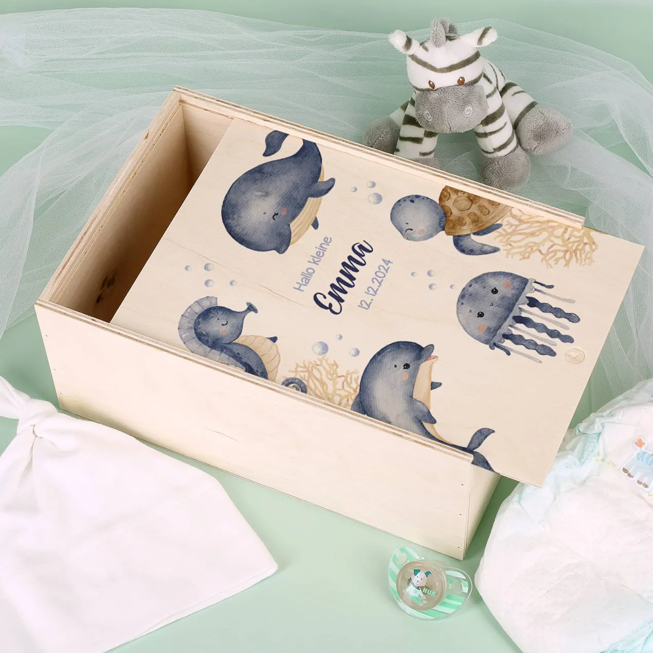 Erinnerungsbox mit Meerestieren, Wunschname und Geburtsdatum