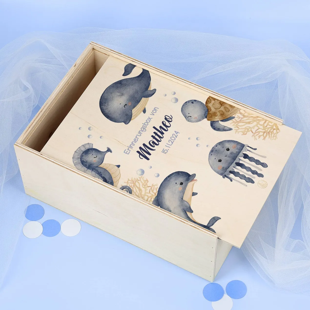 Erinnerungsbox mit Meerestieren, Wunschname und Geburtsdatum
