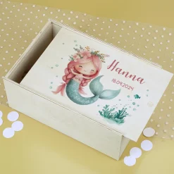 Erinnerungsbox mit Meerjungfrau, Wunschname und Geburtsdatum