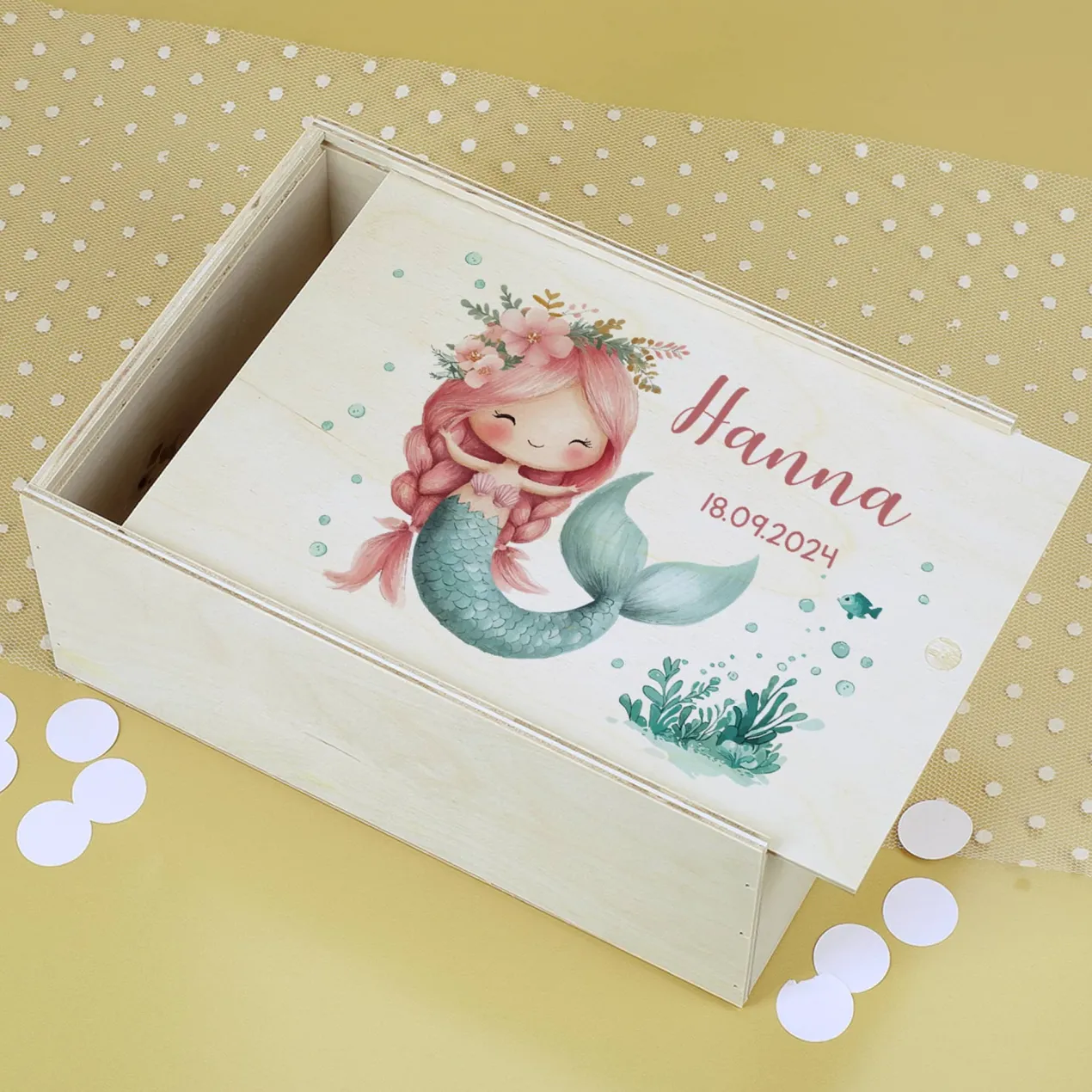 Erinnerungsbox mit Meerjungfrau, Wunschname und Geburtsdatum
