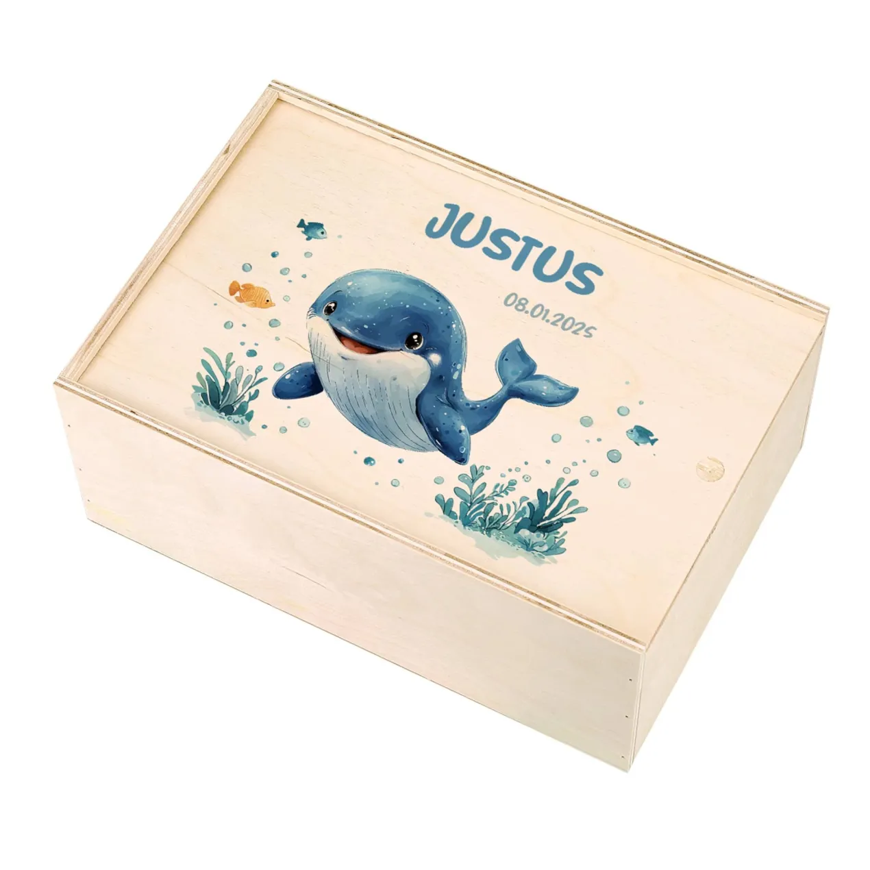 Erinnerungsbox mit Wal, Wunschname und Geburtsdatum