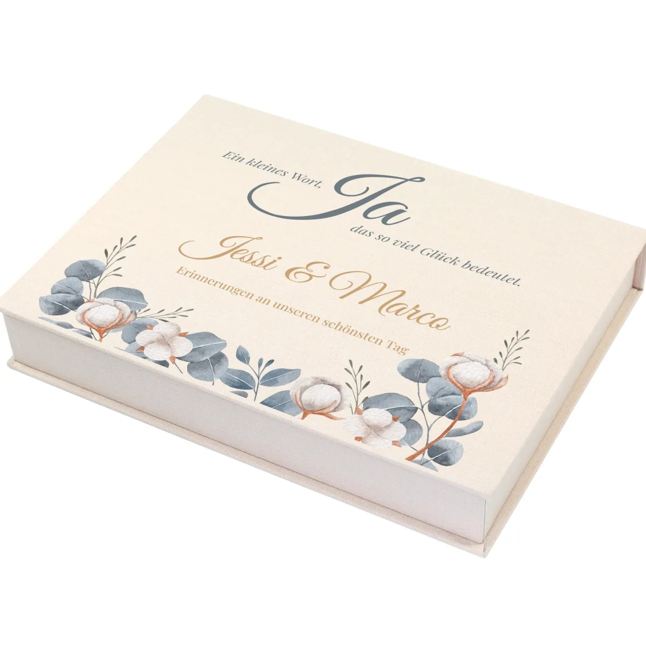 Erinnerungsbox zur Hochzeit personalisiert und handgefertigt | Fotobox in Buch Form mit Eukalyptus Motiv
