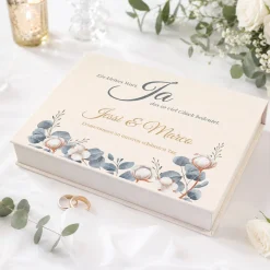 Erinnerungsbox zur Hochzeit personalisiert und handgefertigt | Fotobox in Buch Form mit Eukalyptus Motiv
