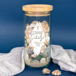 Erinnerungsglas für Strand Schätze mit Wunschtext personalisiert | Vorratsglas für Urlaub & Muscheln