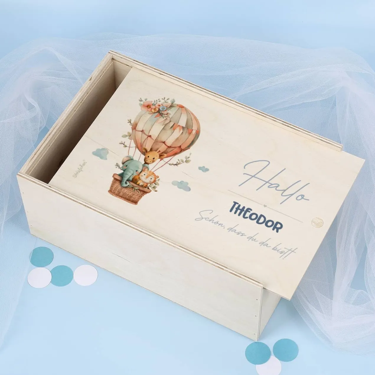 Erinnerungskiste Baby mit Tieren in Heißluftballon, Name, Datum und Text