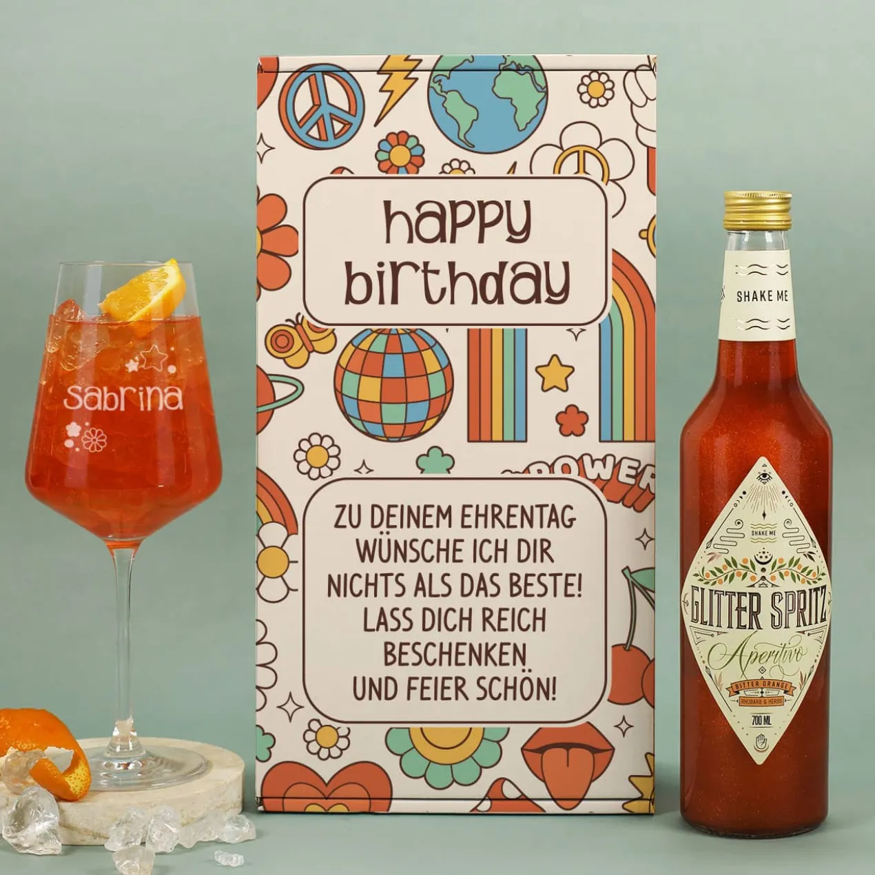 70er Jahre Flower Power - Glitter Spritz Geschenkset mit Name, Anlass und Wunschtext personalisiert