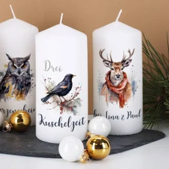 4er Set Adventskerzen mit Wintertieren und Wunschtext