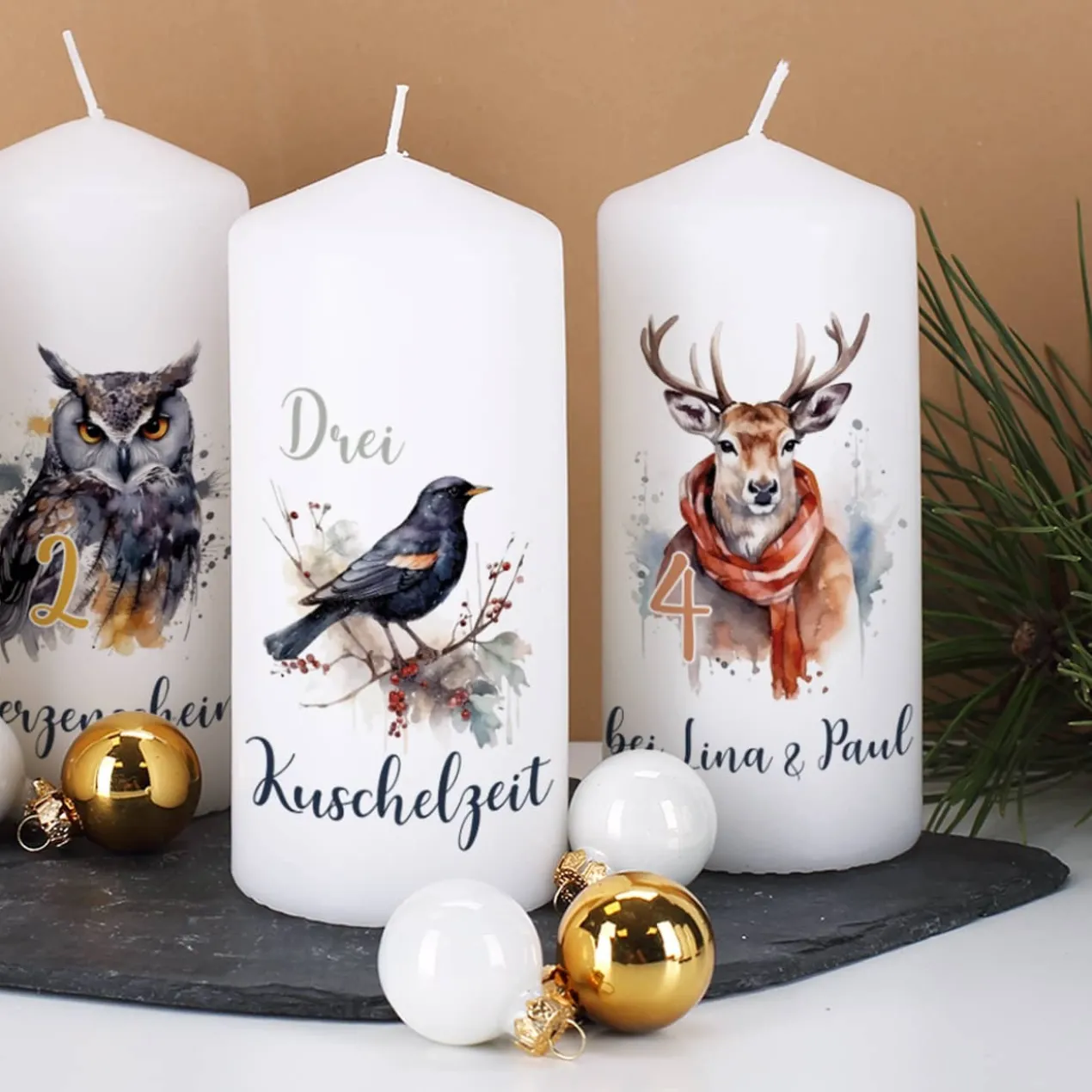 4er Set Adventskerzen mit Wintertieren und Wunschtext