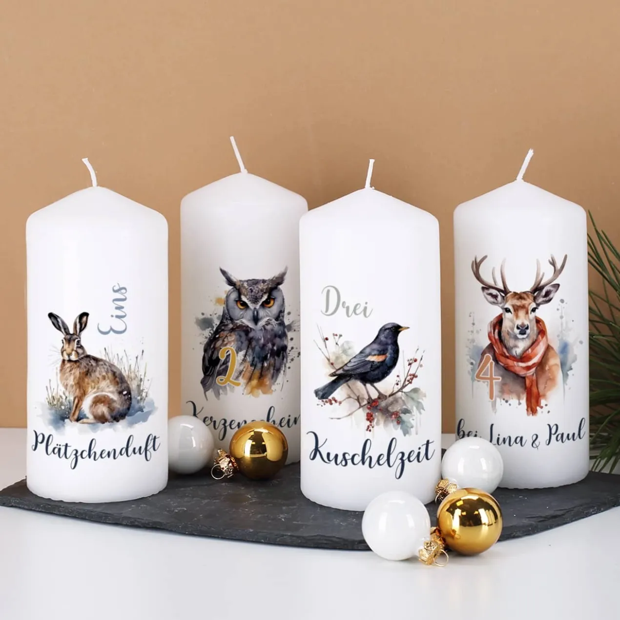 4er Set Adventskerzen mit Wintertieren und Wunschtext