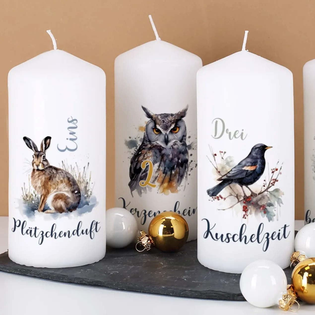 4er Set Adventskerzen mit Wintertieren und Wunschtext