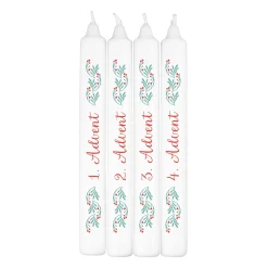 4er-Set Adventskerzen | Weiße Stabkerzen mit Zweigmotiv für Adventskranz & Weihnachtsdeko