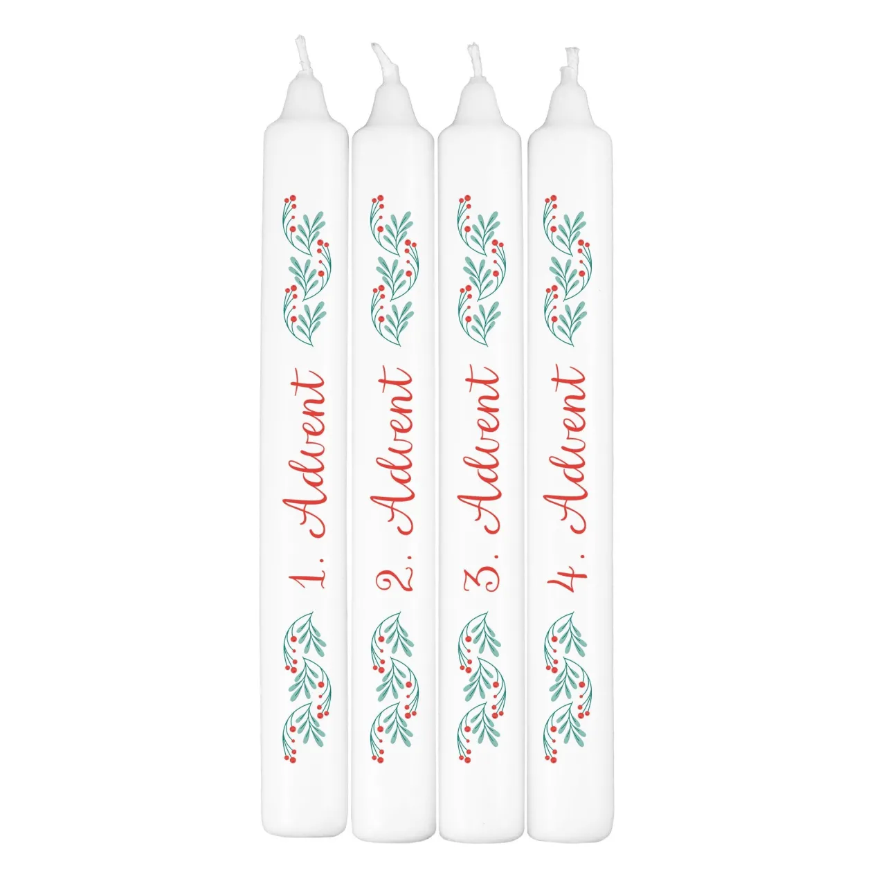 4er-Set Adventskerzen | Weiße Stabkerzen mit Zweigmotiv für Adventskranz & Weihnachtsdeko