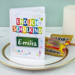 4er Set Gastgeschenk zur Einschulung | Haribo Goldbären im Klappkärtchen mit Name personalisiert