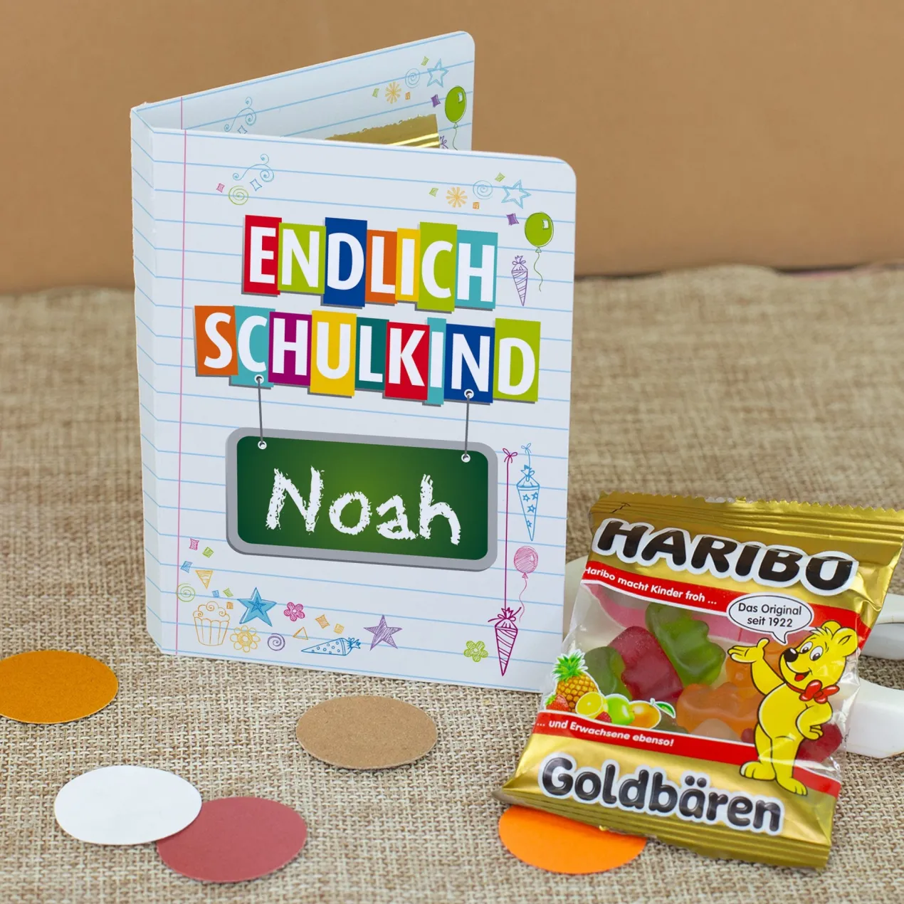 4er Set Gastgeschenk zur Einschulung | Haribo Goldbären im Klappkärtchen mit Name personalisiert