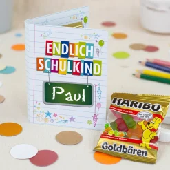 4er Set Gastgeschenk zur Einschulung | Haribo Goldbären im Klappkärtchen mit Name personalisiert