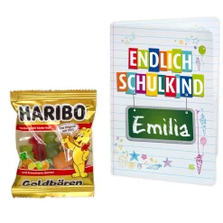 4er Set Gastgeschenk zur Einschulung | Haribo Goldbären im Klappkärtchen mit Name personalisiert