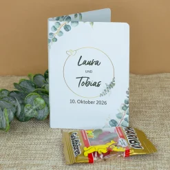 4er Set Haribo Goldbären mit personalisiertem Klappkärtchen als Gastgeschenk zur Hochzeit Eukalyptus