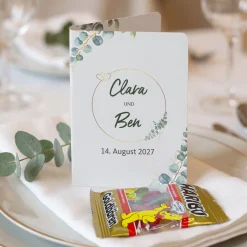 4er Set Haribo Goldbären mit personalisiertem Klappkärtchen als Gastgeschenk zur Hochzeit Eukalyptus