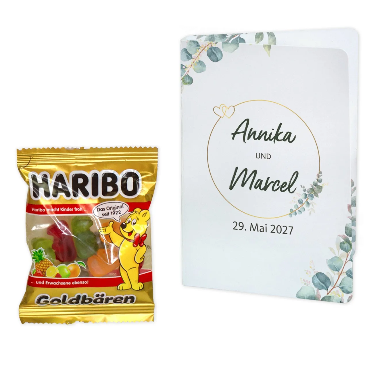 4er Set Haribo Goldbären mit personalisiertem Klappkärtchen als Gastgeschenk zur Hochzeit Eukalyptus