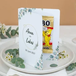 4er Set Haribo Goldbären mit personalisiertem Klappkärtchen als Gastgeschenk zur Hochzeit Eukalyptus