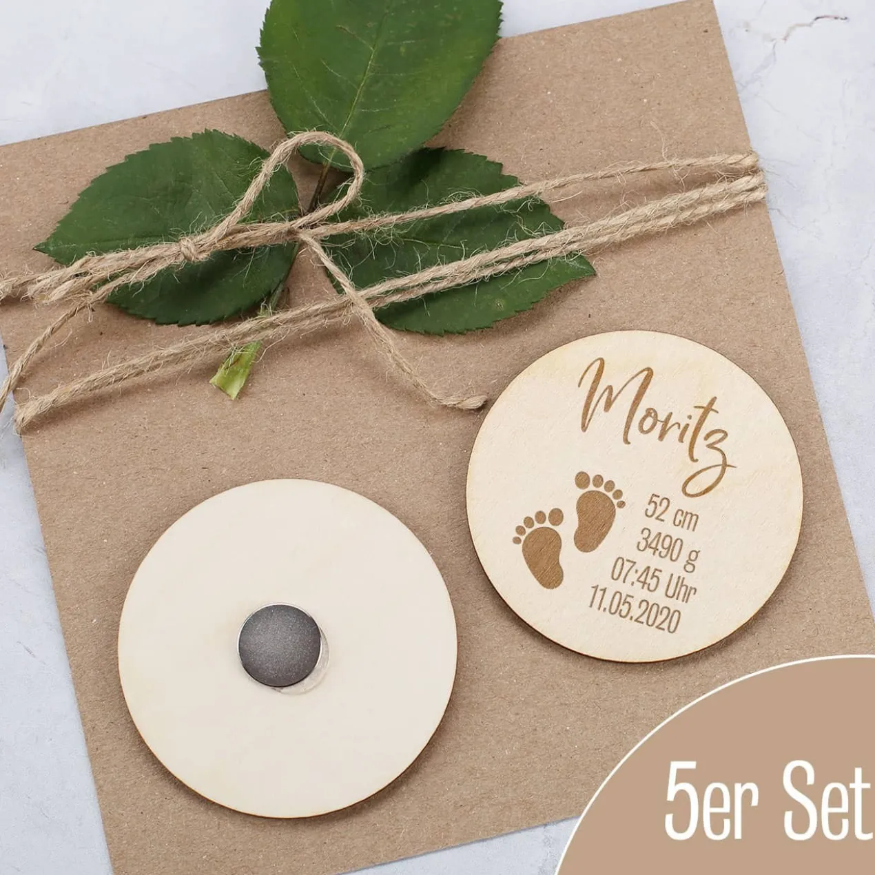 5er Set Holzmagnete zur Geburt mit Ihren Wunschangaben graviert