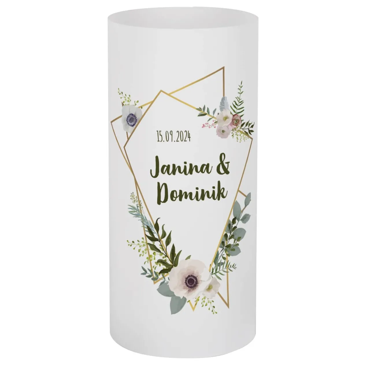4er Set Lichthüllen zur Hochzeit mit Blüten, Namen und Datum, 2 Größen