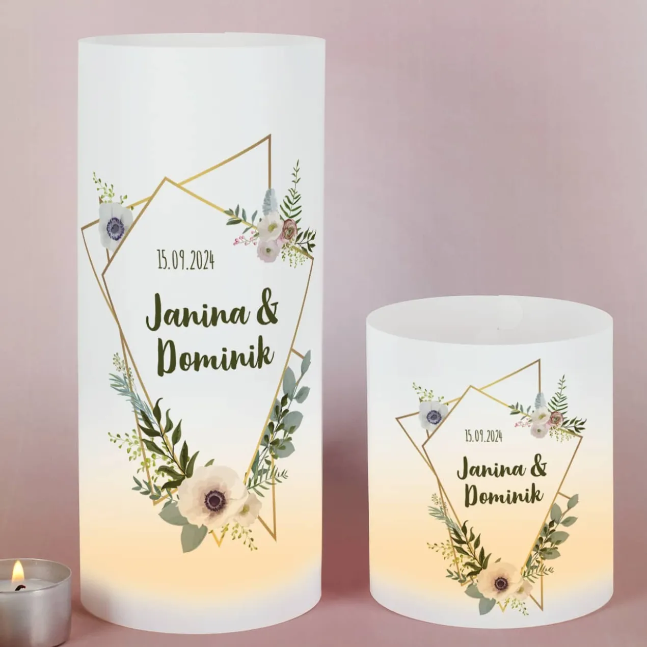 4er Set Lichthüllen zur Hochzeit mit Blüten, Namen und Datum, 2 Größen