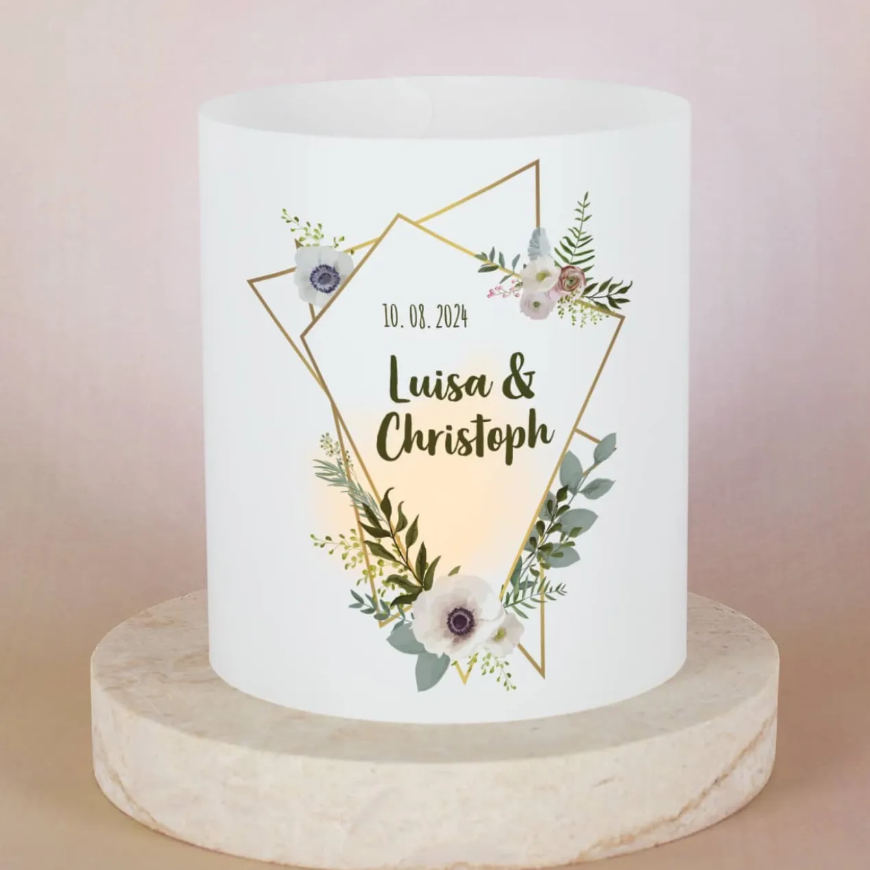 4er Set Lichthüllen zur Hochzeit mit Blüten, Namen und Datum, 2 Größen