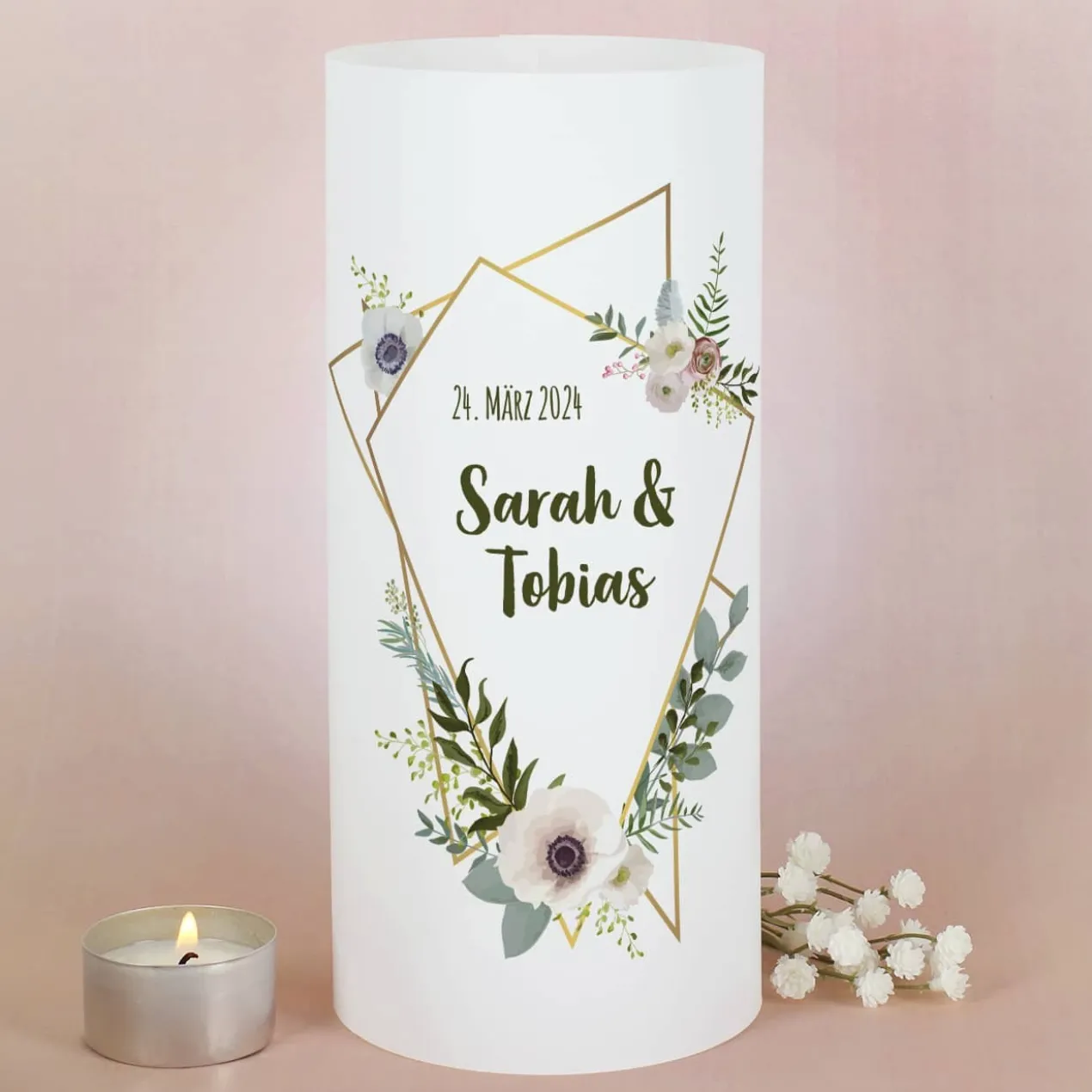 4er Set Lichthüllen zur Hochzeit mit Blüten, Namen und Datum, 2 Größen
