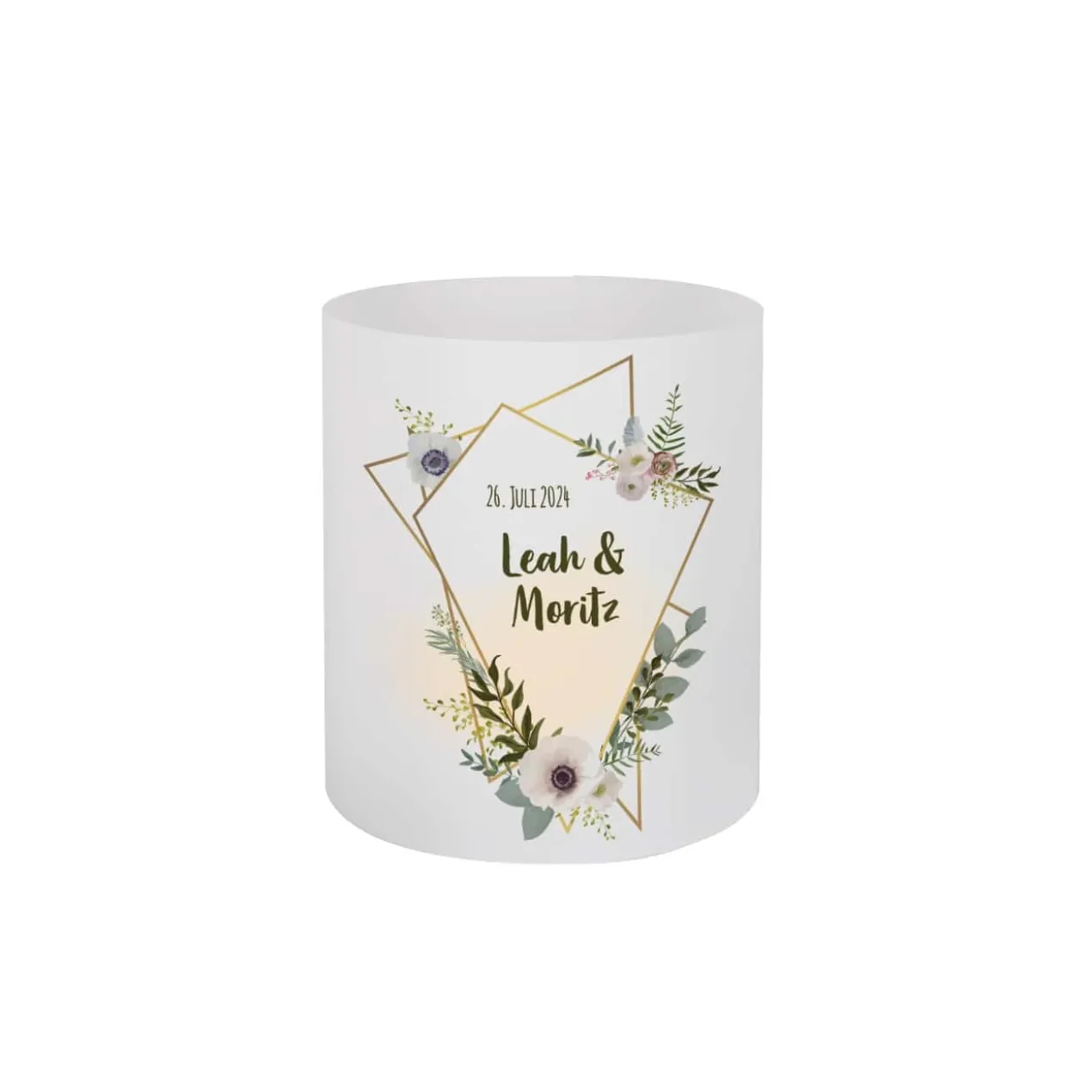 4er Set Lichthüllen zur Hochzeit mit Blüten, Namen und Datum, 2 Größen