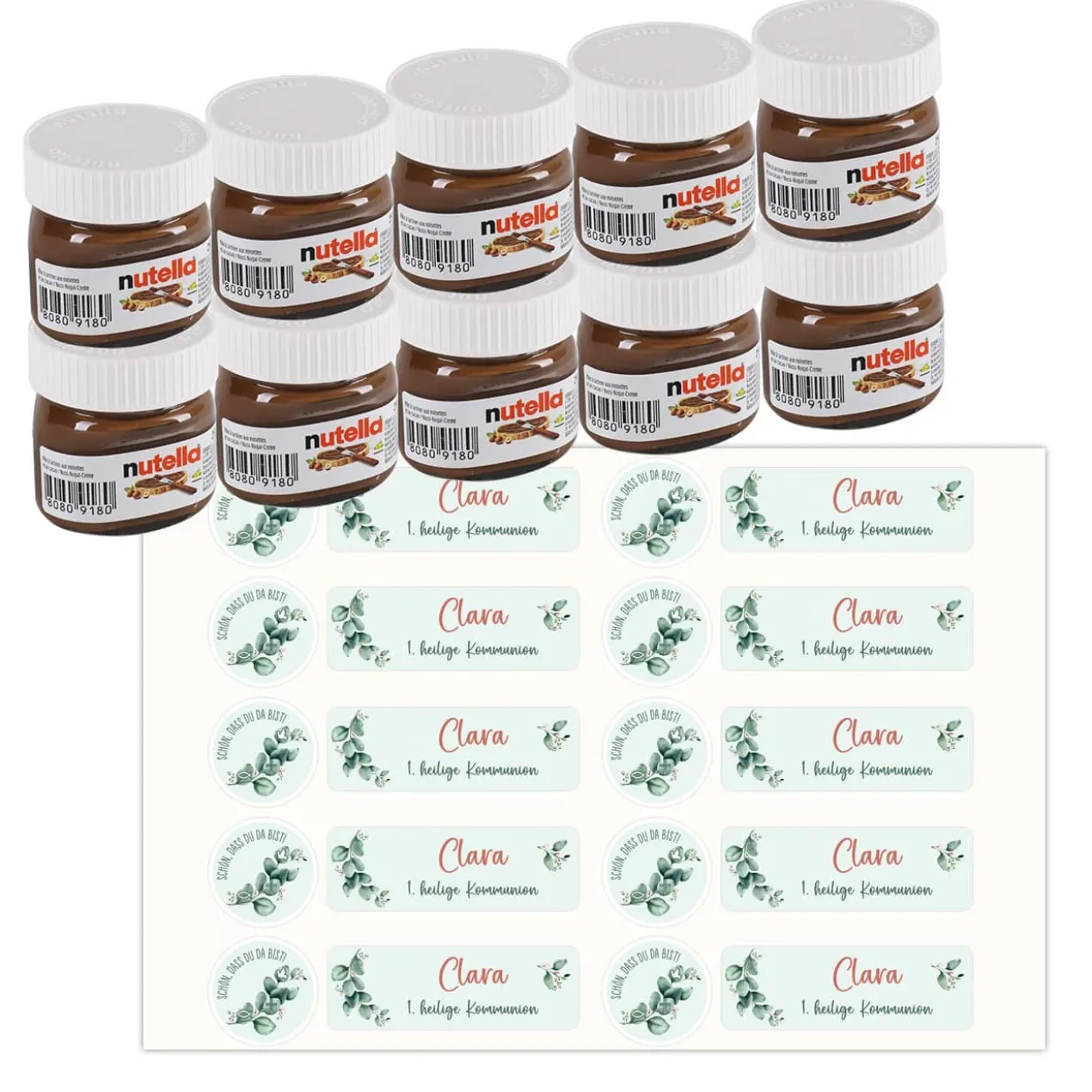 10er Set Nutella Gastgeschenke - Eukalyptus - zur Taufe, Kommunion oder Konfirmation