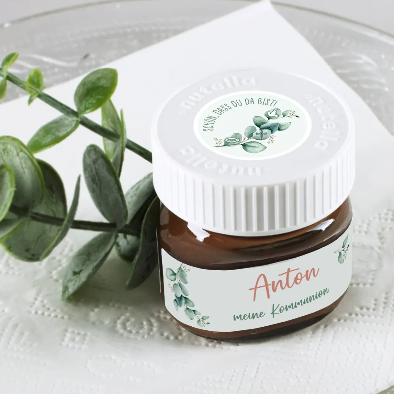 10er Set Nutella Gastgeschenke - Eukalyptus - zur Taufe, Kommunion oder Konfirmation