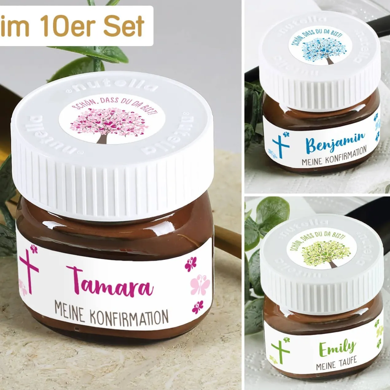 10er Set Nutella Gläschen zur Konfirmation, Kommunion oder Taufe in 3 Farbvarianten