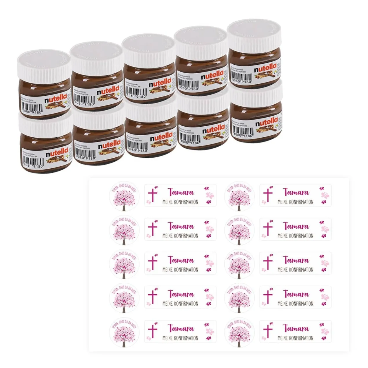 10er Set Nutella Gläschen zur Konfirmation, Kommunion oder Taufe in 3 Farbvarianten