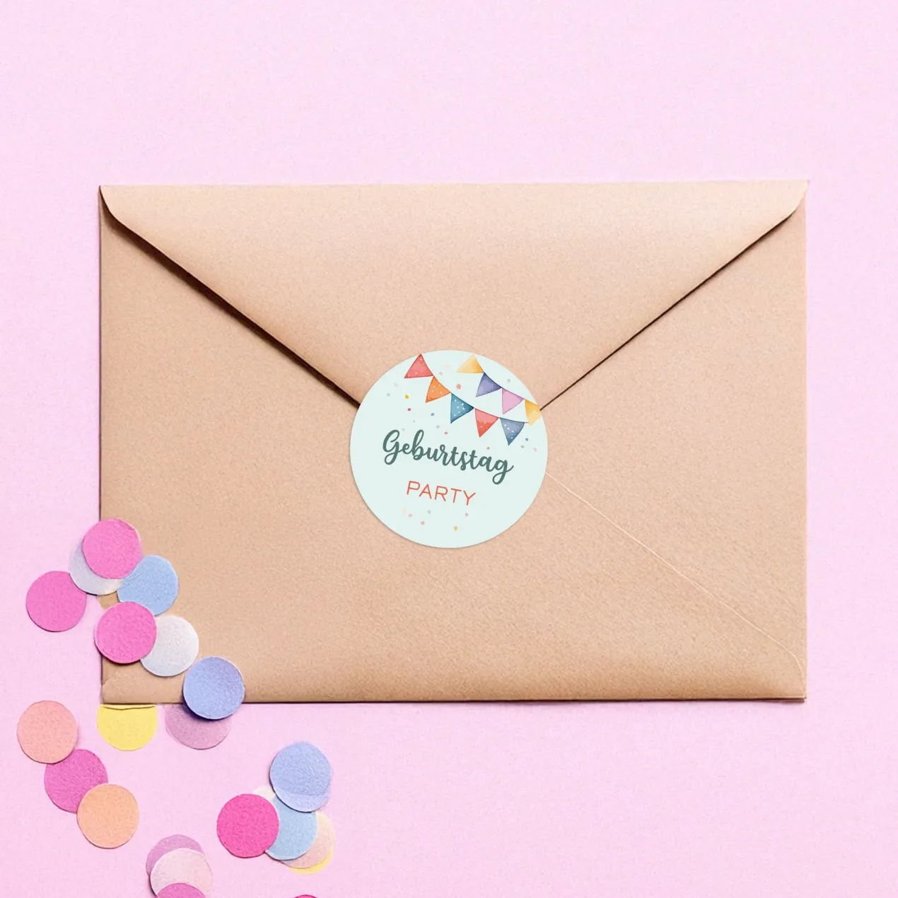 24er Set personalisierbare Aufkleber für Einladungen | Bunte Wimpel