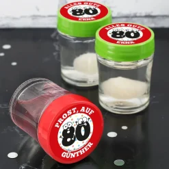 6er Set Schnäpse mit persönlichem Druck zum 80. Geburtstag